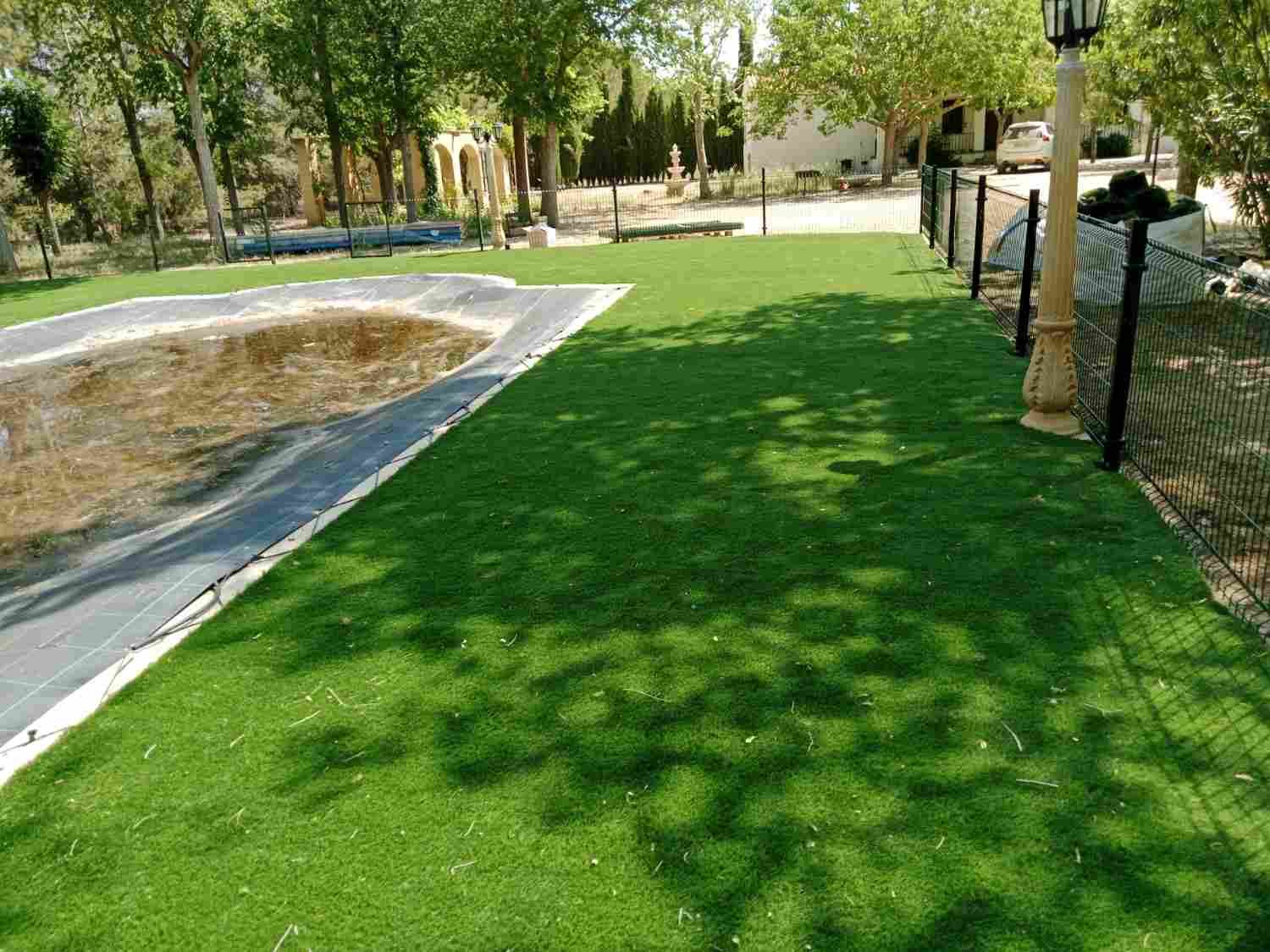 Césped verde en un parque junto a una piscina curva de hormigón y una valla de tela metálica bajo los árboles.