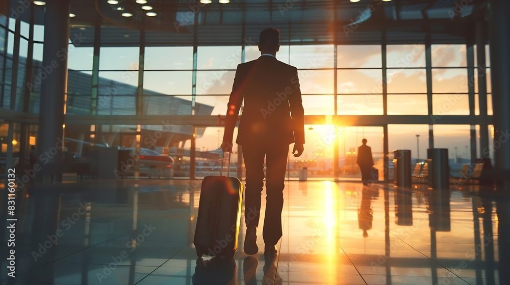 Ein Mann mit einem Koffer geht bei Sonnenuntergang durch einen Flughafen.