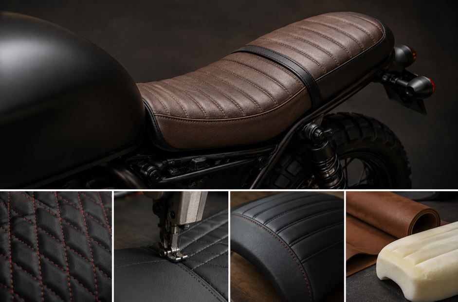 Asiento de motocicleta acolchado marrón con carrocería negra en un collage de producto en primer plano