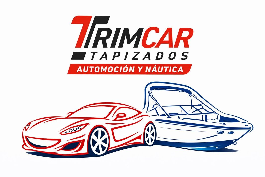 Logo de Trimcar Tapizados Automoci&oacute;n y N&aacute;utica con coche rojo y lancha azul cruzados