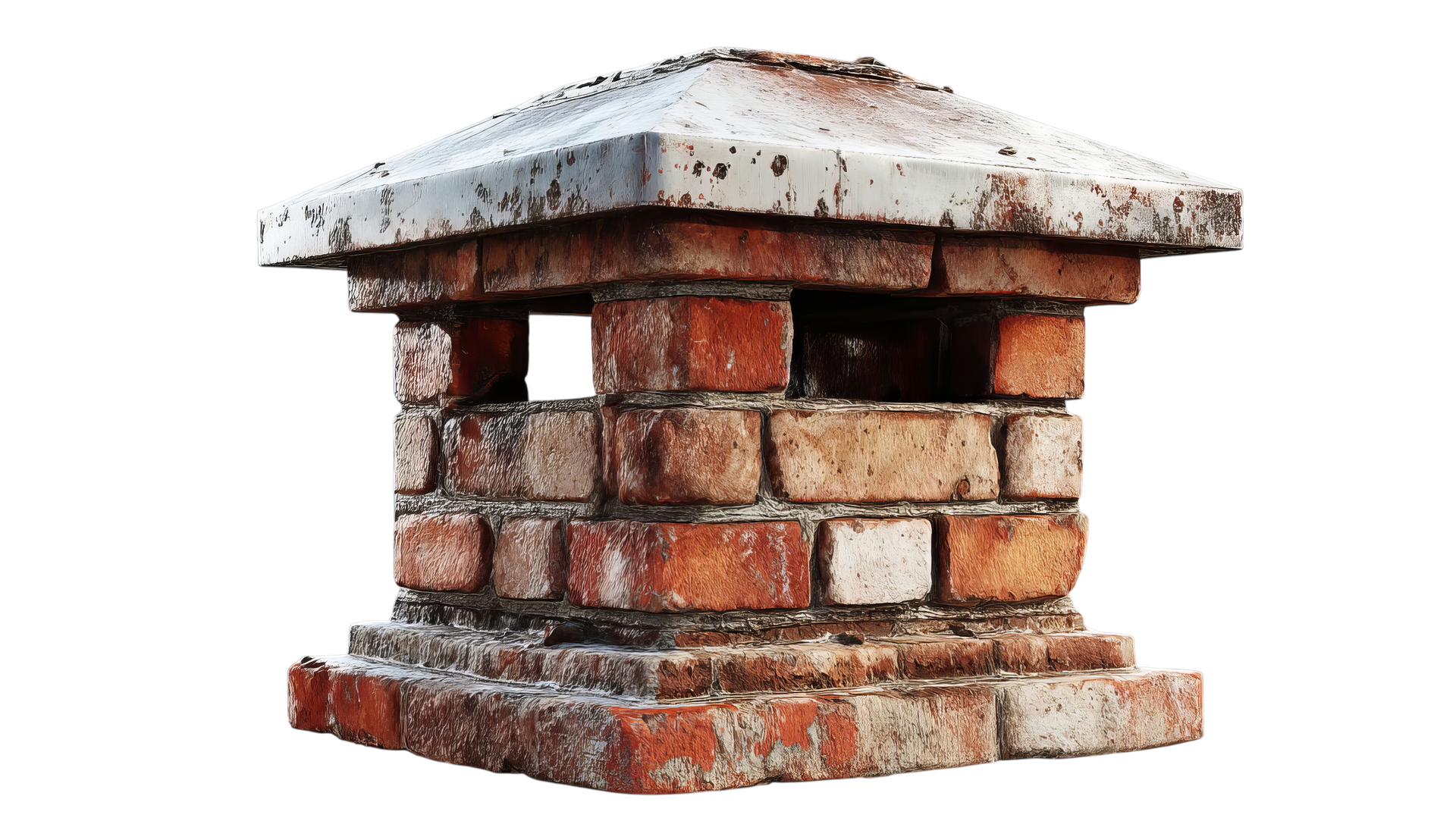 Un chapeau de cheminée en briques avec un couvercle plat en béton, se détachant sur un fond blanc uni.