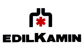 Logo Edilkamin : Graphisme noir sur fond de texte noir. Le graphisme a une forme de cheminée avec un astérisque rouge.