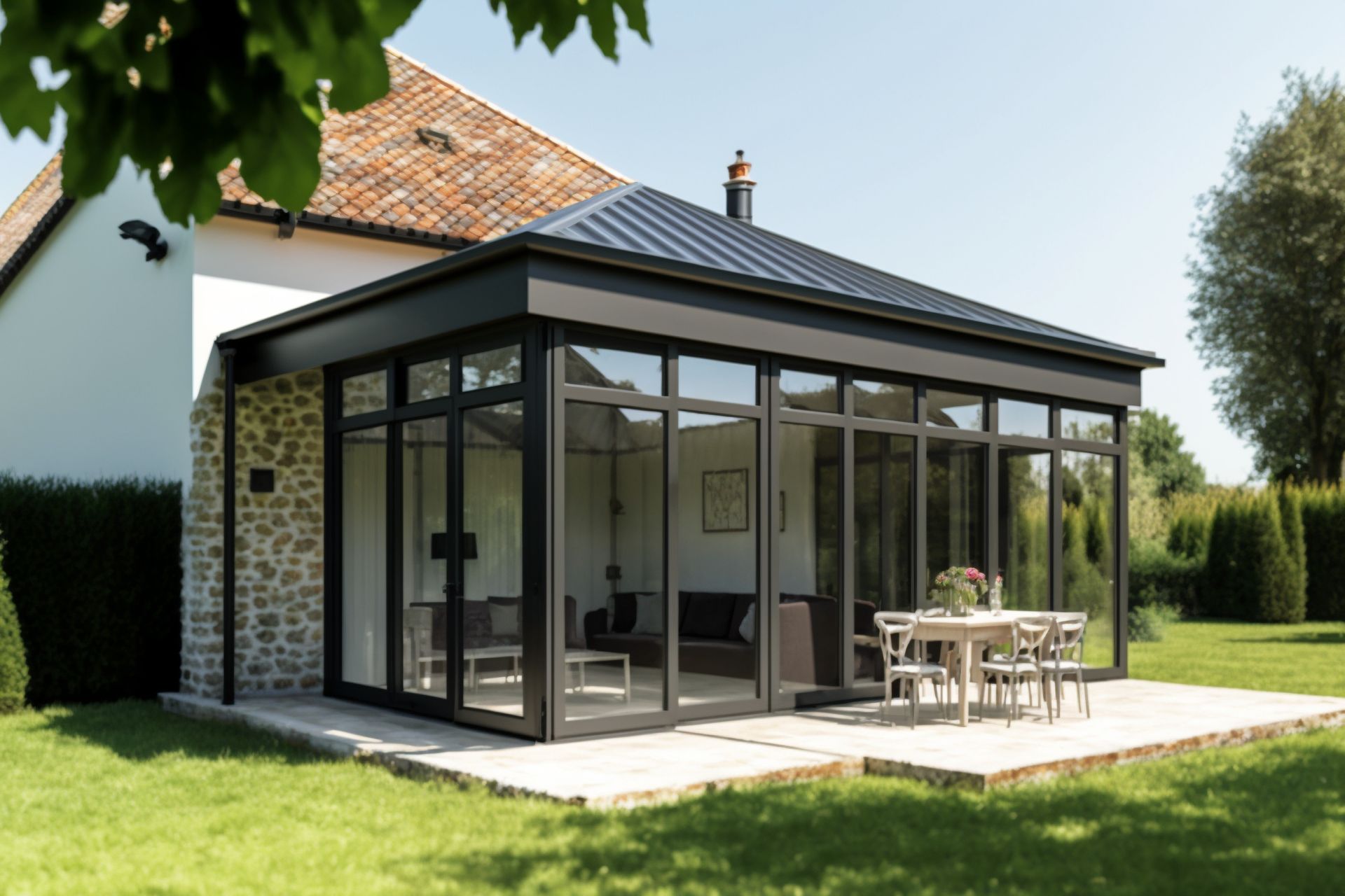 Une véranda moderne avec une structure noire et un toit en métal, attenante à une maison traditionnelle en pierre sur une pelouse.