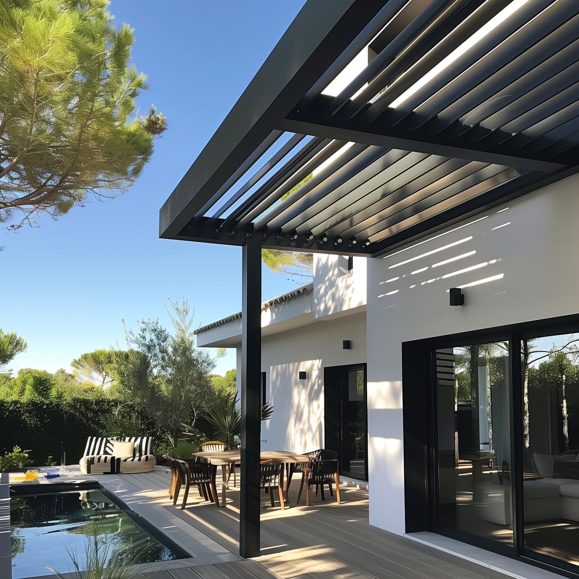Un patio moderne avec une pergola noire à persiennes surplombant une terrasse, une table à manger et une petite piscine à côté d'une maison blanche.
