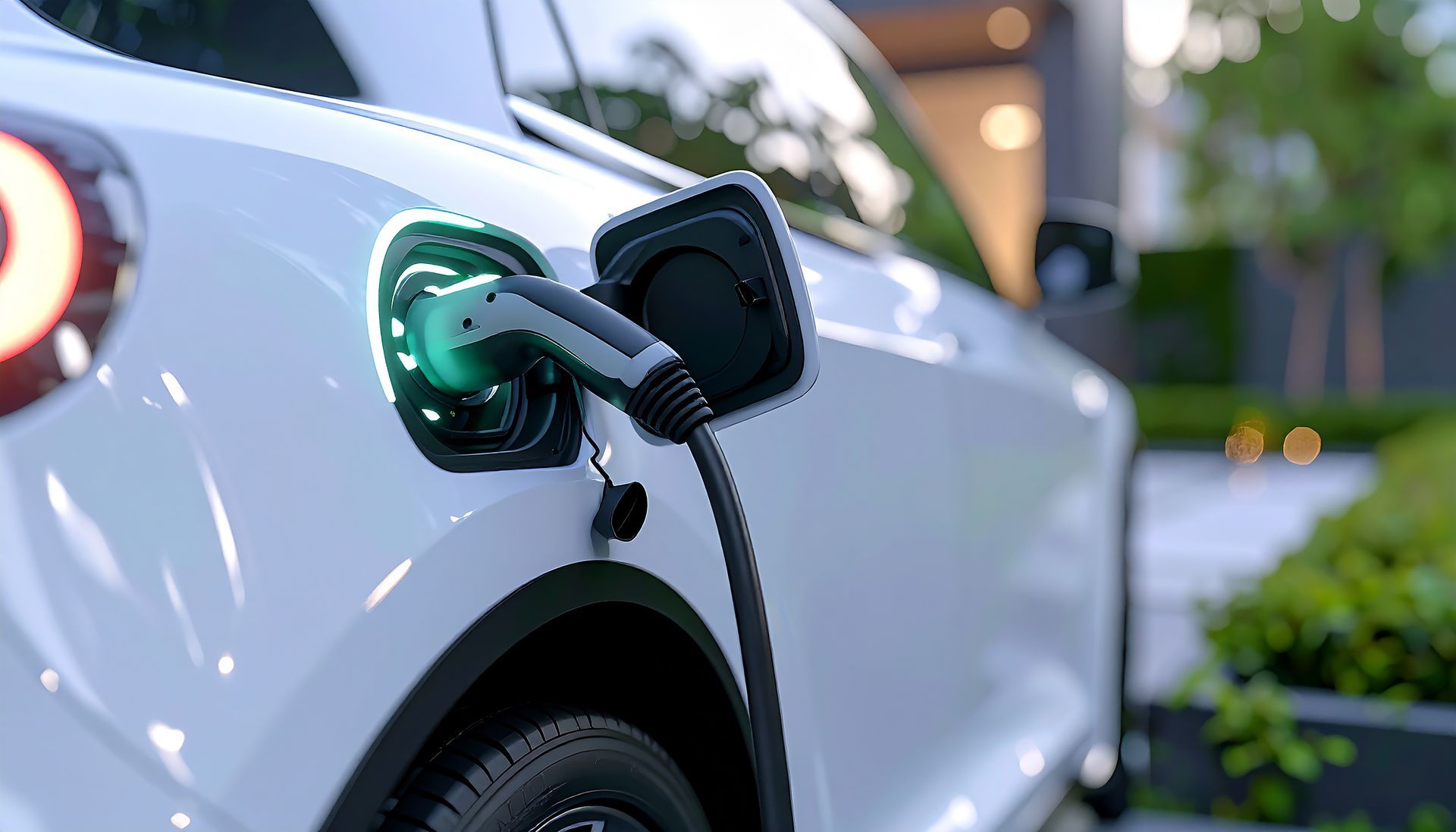 Voiture électrique en charge à une station, gros plan sur la prise branchée avec le connecteur vert lumineux.