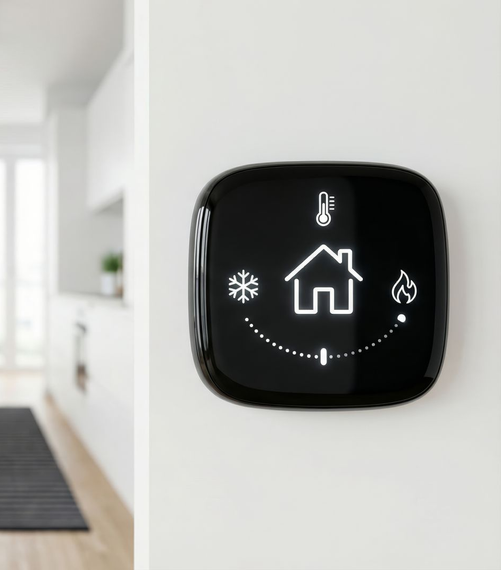 Thermostat mural noir avec icônes blanches sur un mur de couloir