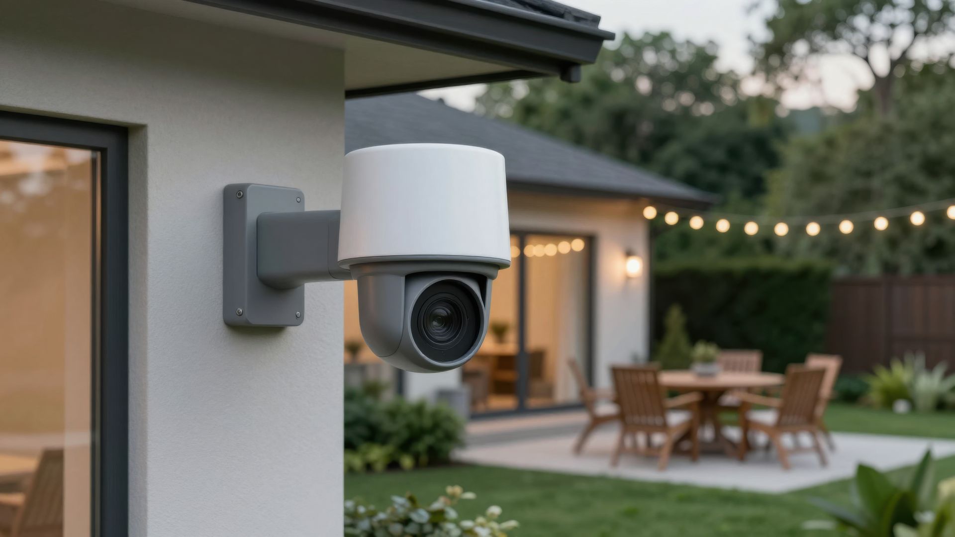 Caméra de sécurité blanche fixée sur le mur d'une maison, donnant sur une terrasse arrière au crépuscule
