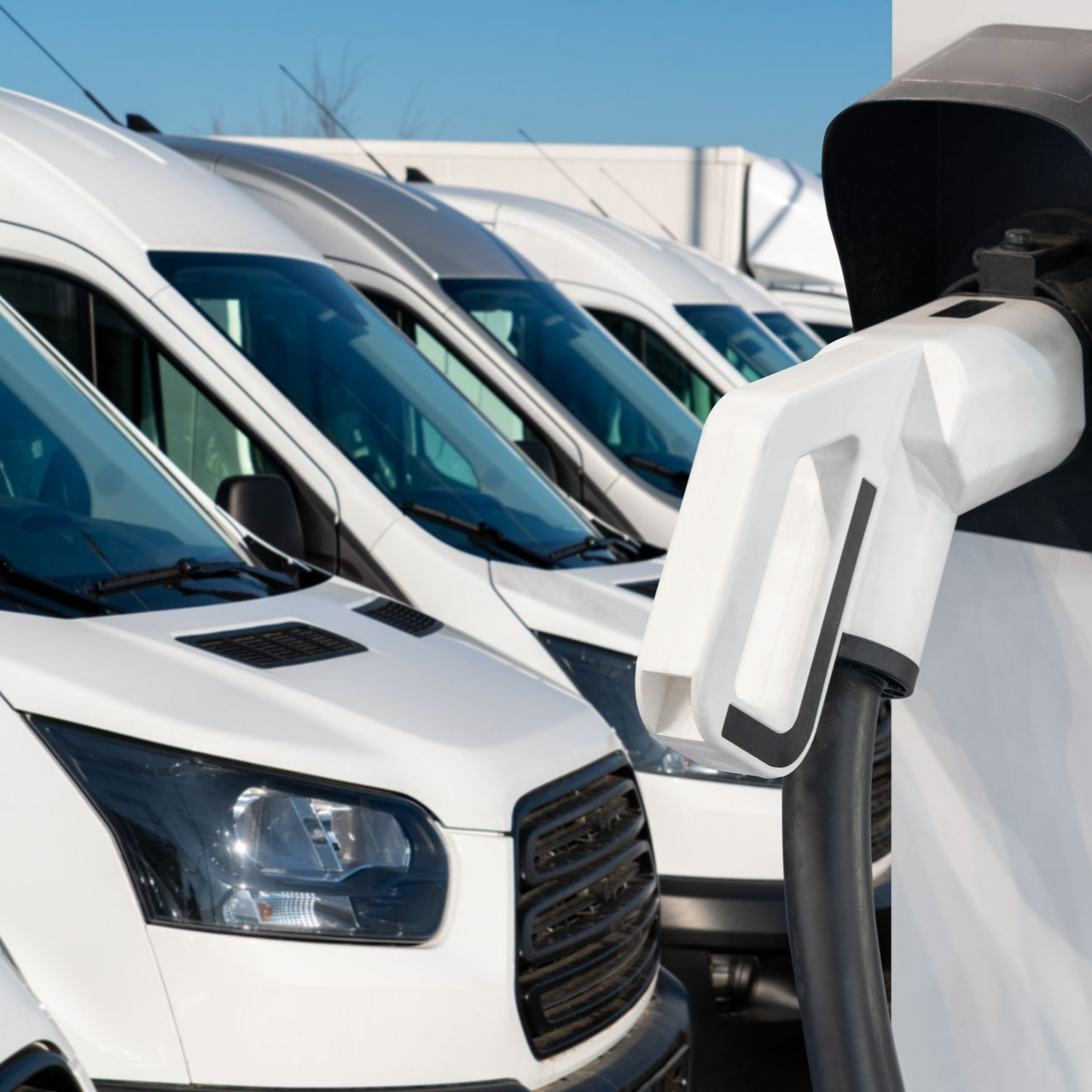 Des fourgonnettes électriques blanches alignées à une station de recharge, avec un chargeur au premier plan.