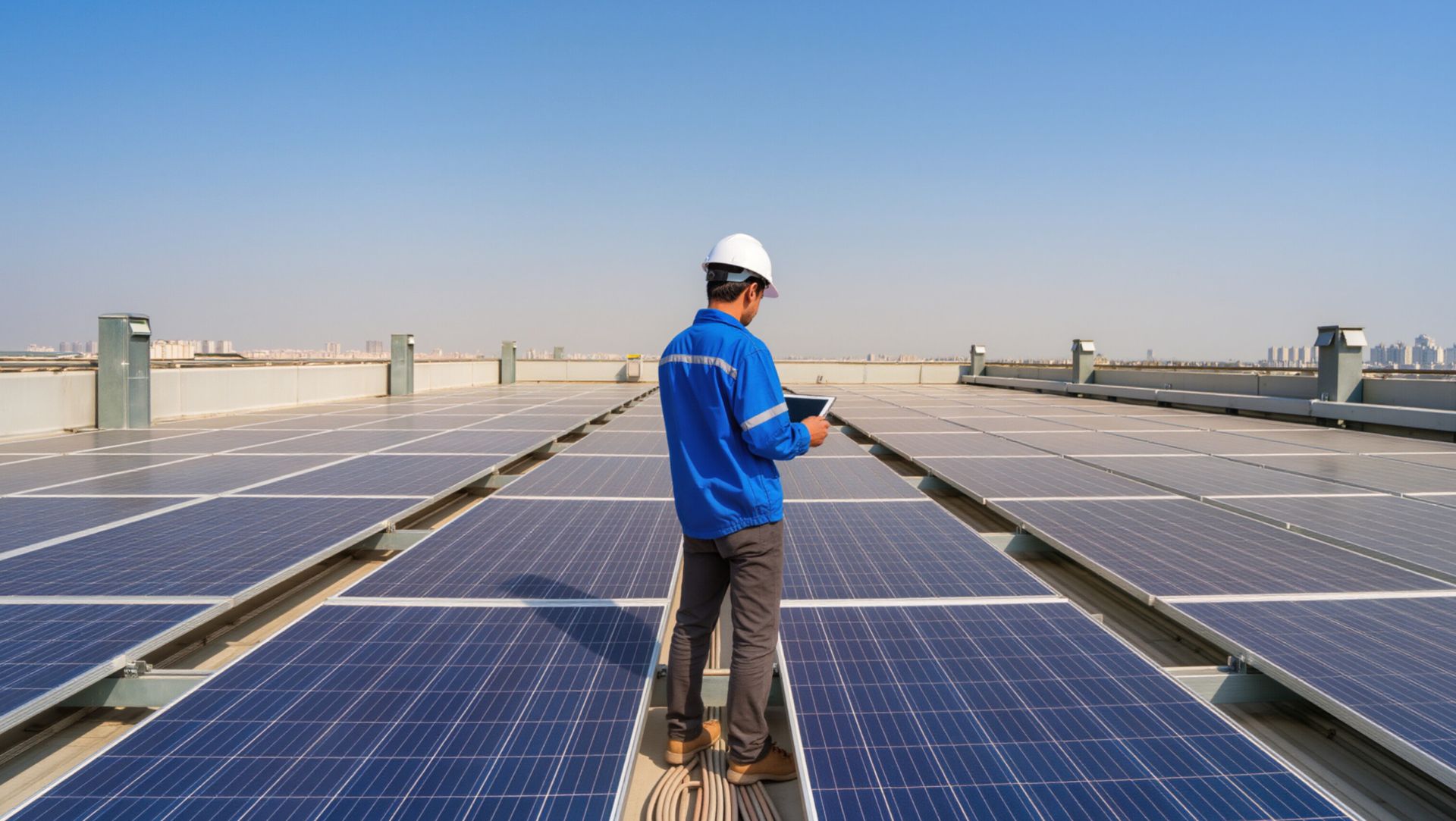 Un ouvrier inspecte des panneaux solaires sur un toit sous un ciel dégagé.
