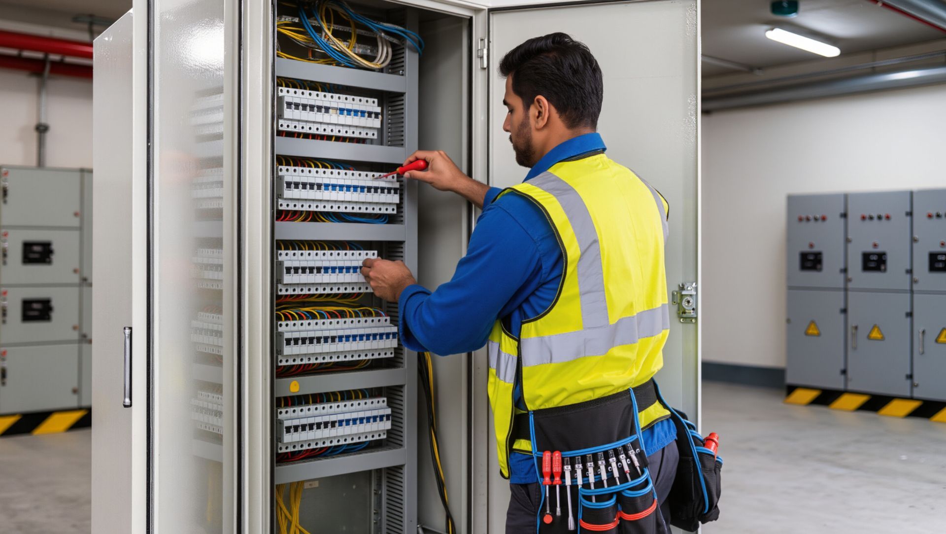 Électricien en gilet de sécurité jaune effectuant le câblage d'un tableau électrique ouvert dans une buanderie