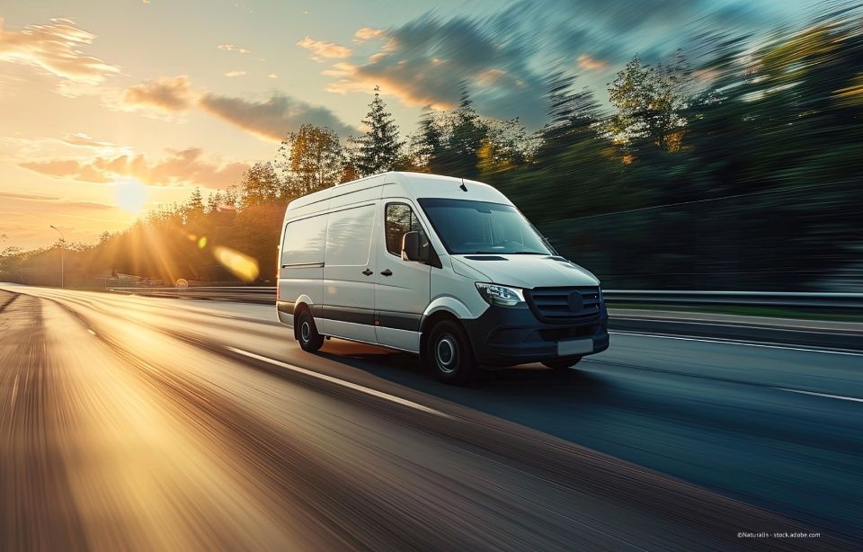 Weisser Lieferwagen auf einer Autobahn bei Sonnenuntergang, mit Bewegungsunschärfe und Bäumen im Hintergrund
