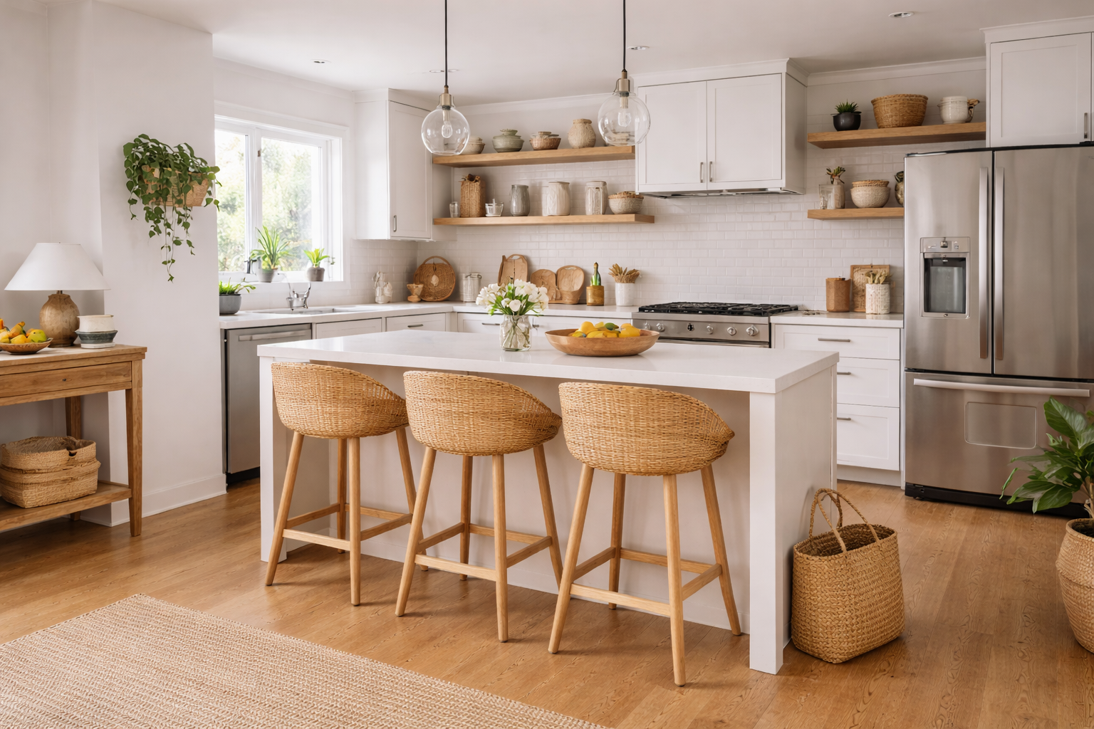 Cuisine moderne et lumineuse avec placards blancs, touches de bois et tabourets de bar en osier.