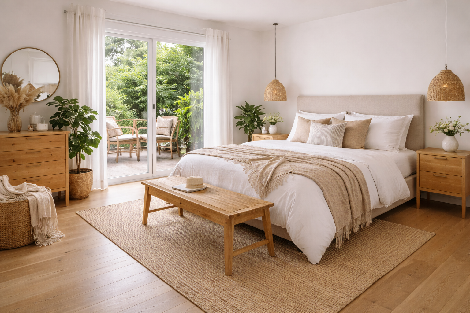 Chambre confortable et lumineuse avec lit, meubles en bois et porte coulissante ouverte donnant sur un balcon verdoyant.