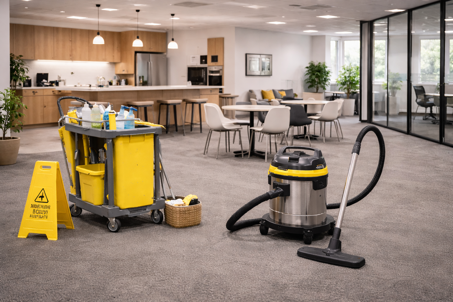 Matériel de nettoyage : aspirateur et chariot avec seaux jaunes et panneau d’avertissement dans les bureaux.