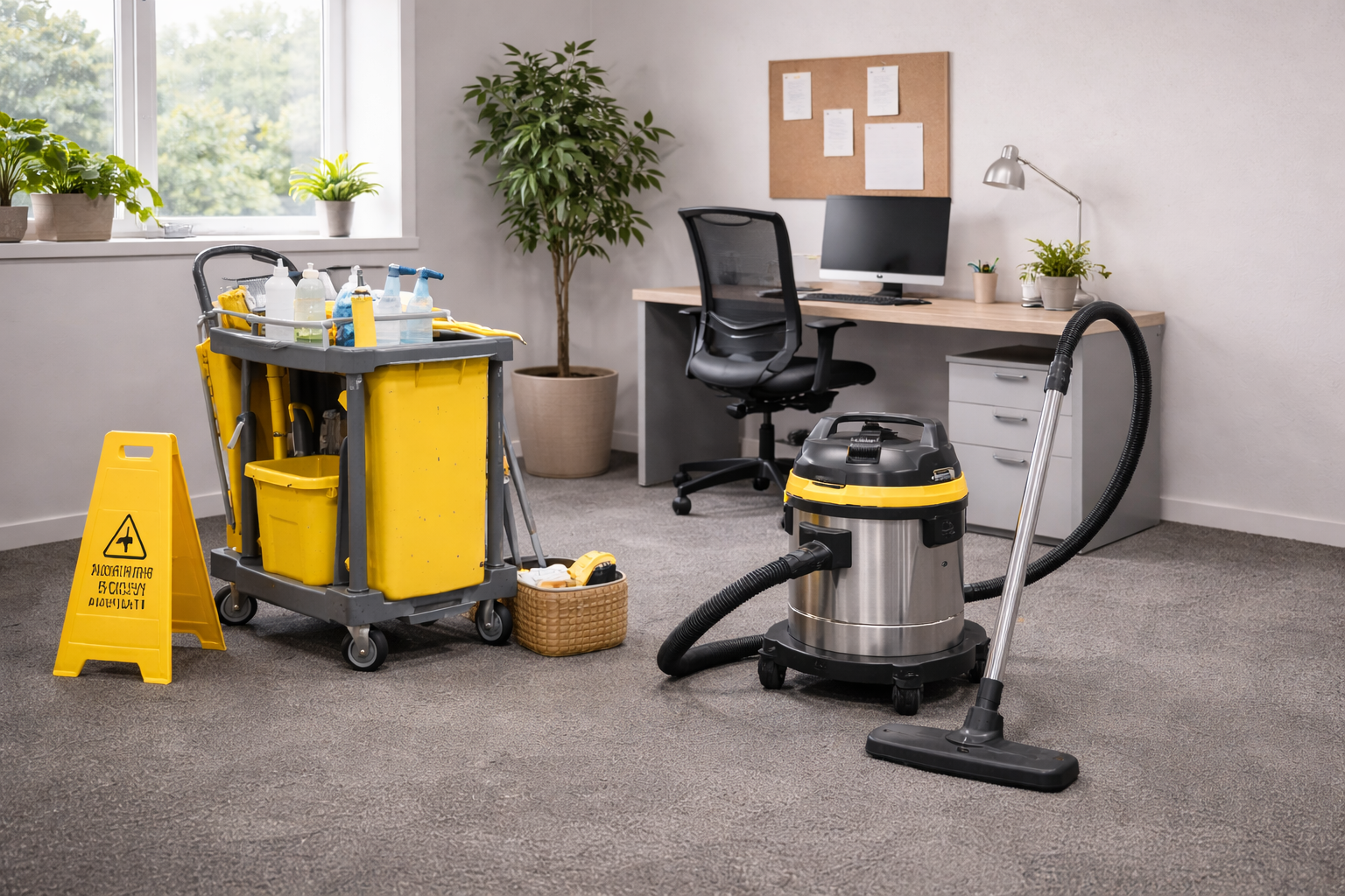 Fournitures de nettoyage de bureau : aspirateur, chariot de nettoyage, panneau « sol mouillé » et bureau avec ordinateur.