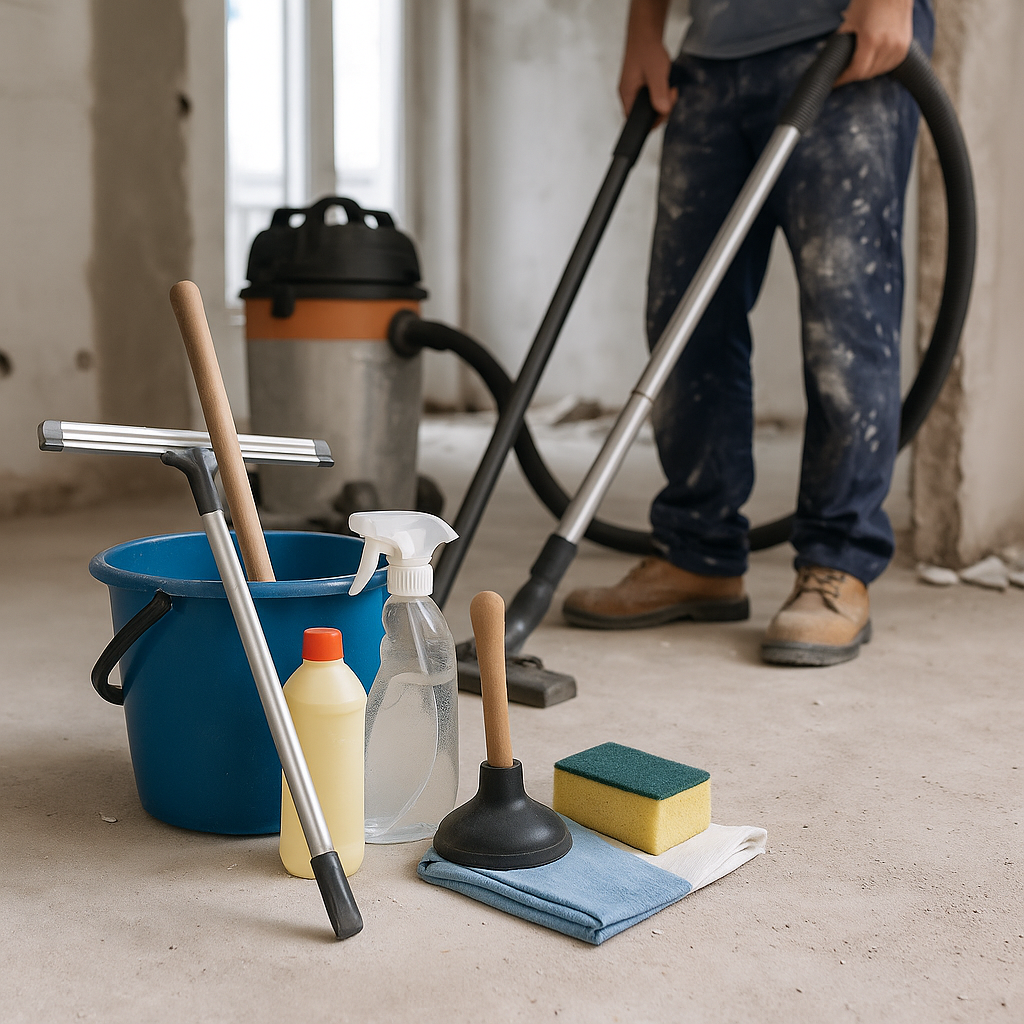 Un ouvrier du bâtiment passe l'aspirateur sur le sol d'une pièce en cours de finition.