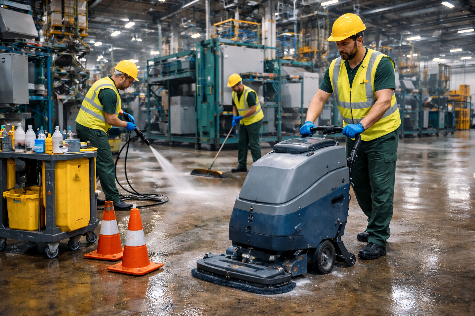 Des ouvriers nettoient le sol d'une usine à l'aide d'un nettoyeur haute pression, d'une serpillière et d'une autolaveuse.