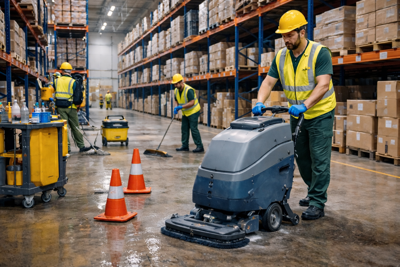 Des magasiniers nettoient le sol avec des machines et des outils. Les étagères sont remplies de cartons.