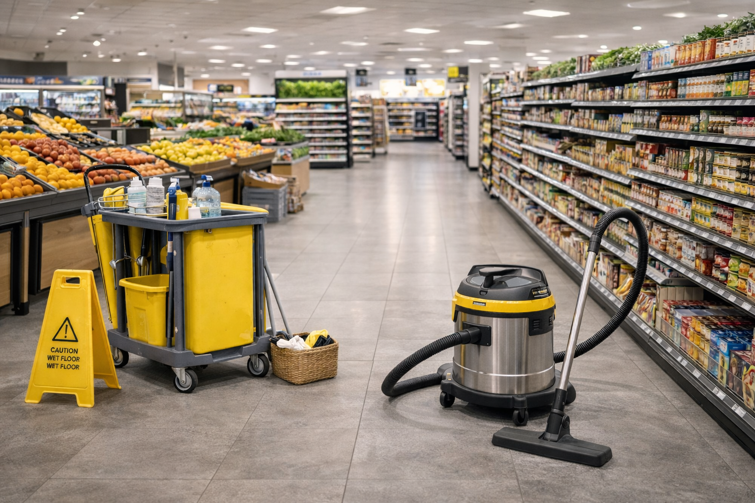 Un chariot de nettoyage et un aspirateur dans une allée d'un supermarché. 