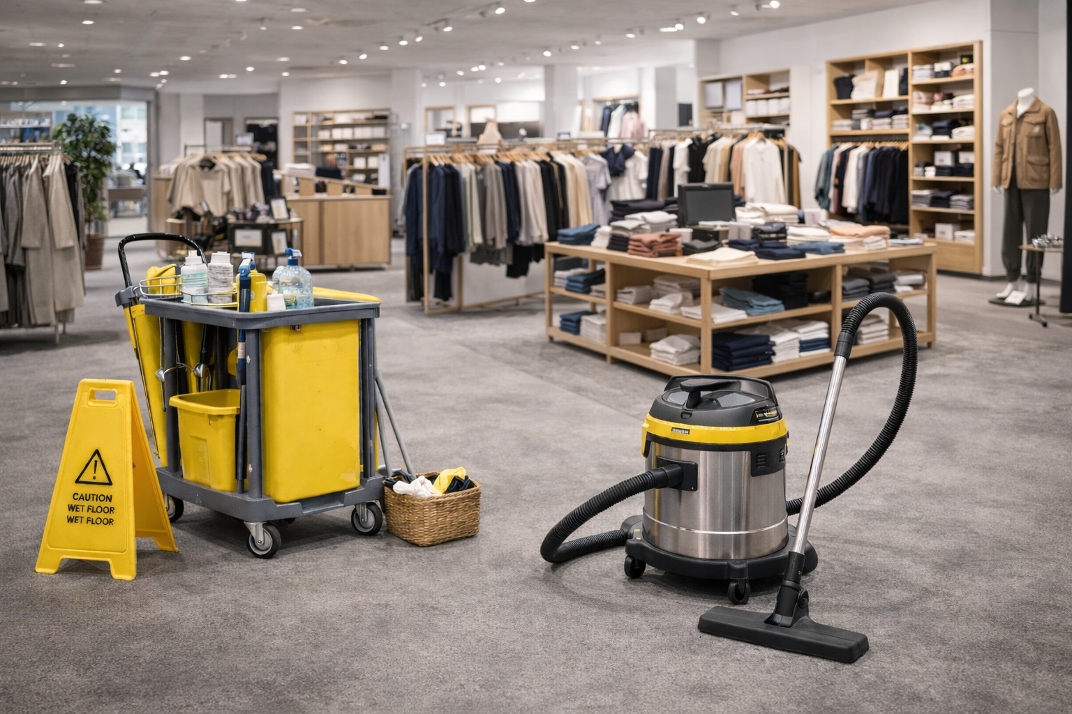 Un chariot de nettoyage et un aspirateur dans un magasin de vêtements.