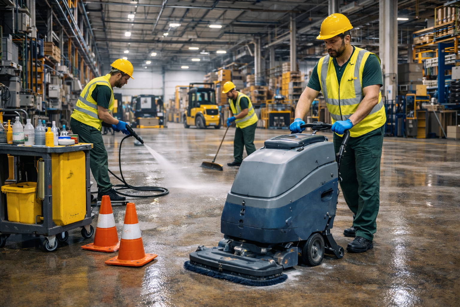 Des ouvriers d'entrepôt nettoient le sol avec un nettoyeur haute pression, une autolaveuse et un balai.