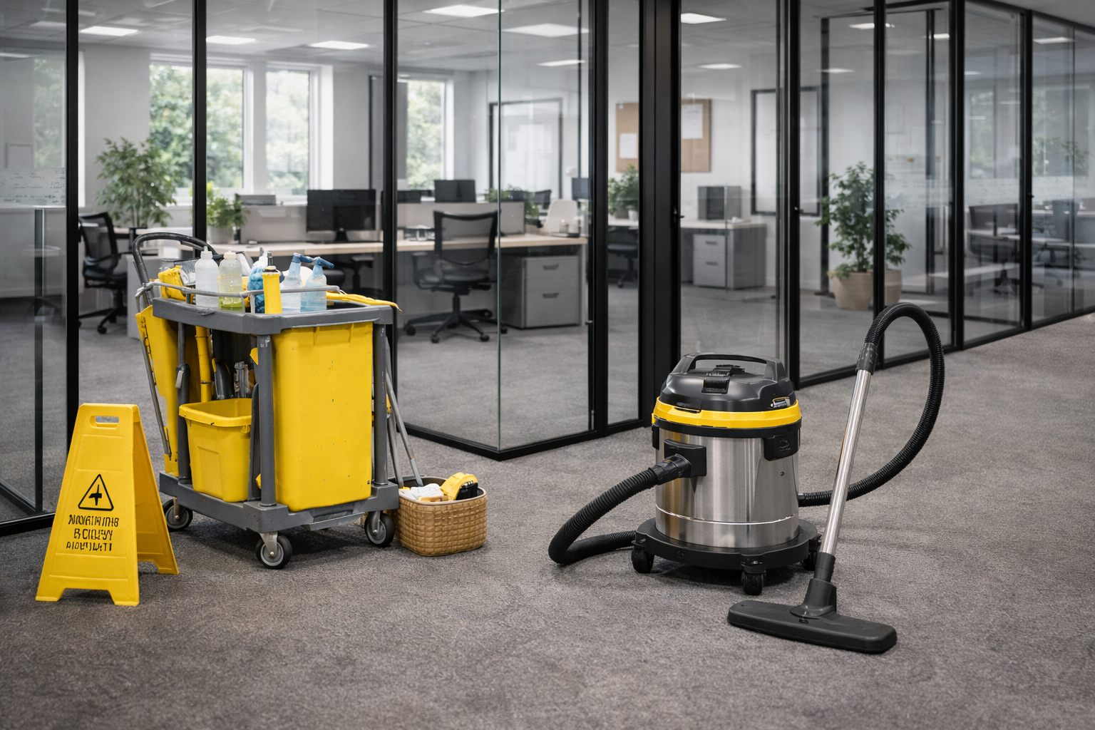 Matériel de nettoyage dans un bureau : aspirateur, chariot avec sac jaune, panneau de signalisation et produits de nettoyage.