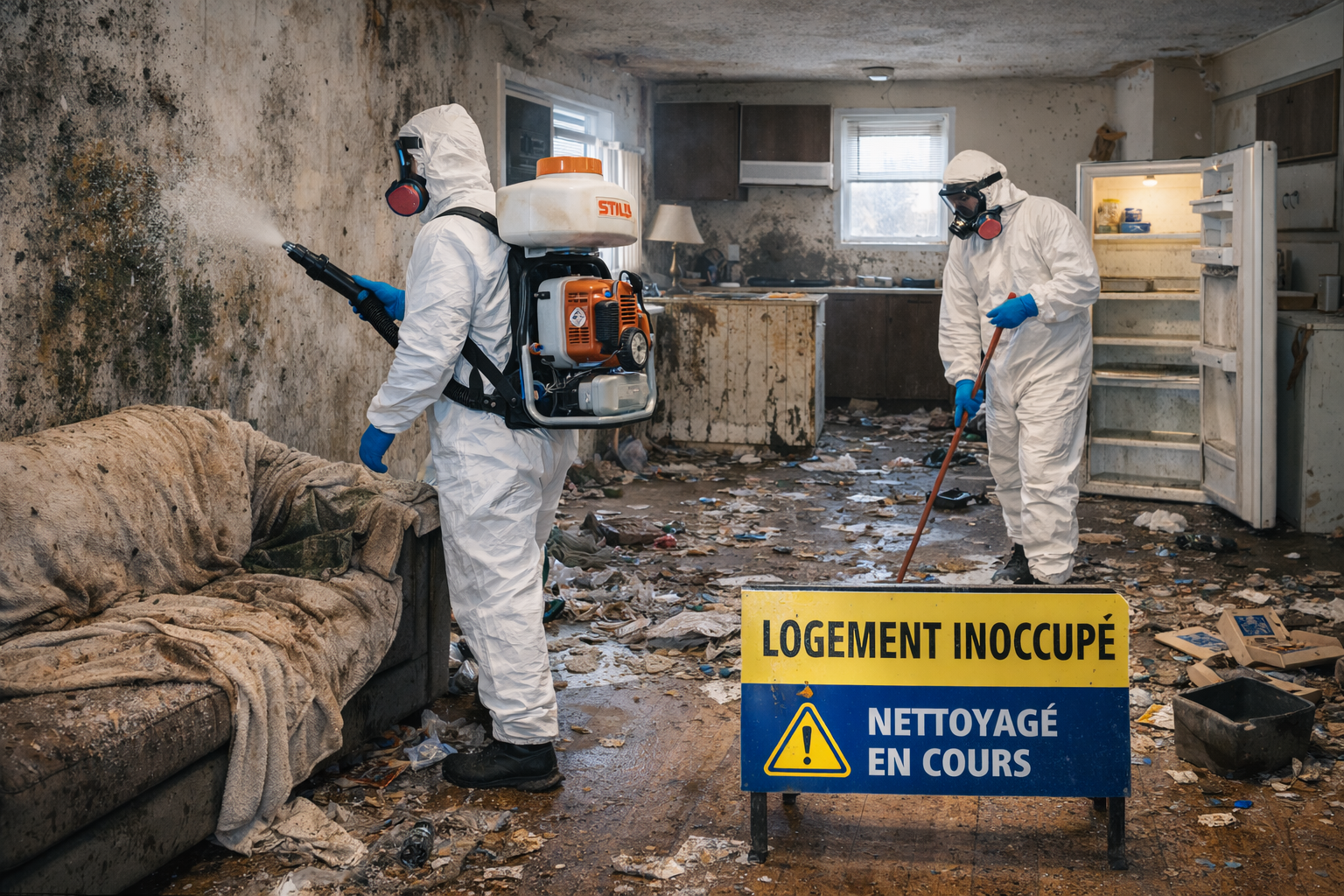 Deux personnes en combinaisons de protection nettoient une pièce infestée de moisissures.