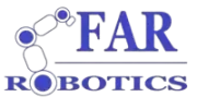 El logotipo de Far Robotics es azul y blanco.