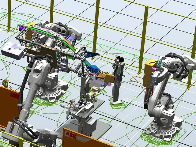 Una imagen generada por computadora de una fábrica con robots y un cartel que dice abb