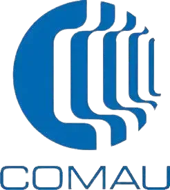 Un logotipo de Comau azul y blanco sobre un fondo blanco.