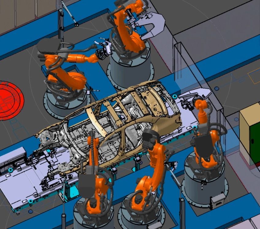 Un dibujo de robots trabajando en el chasis de un automóvil.