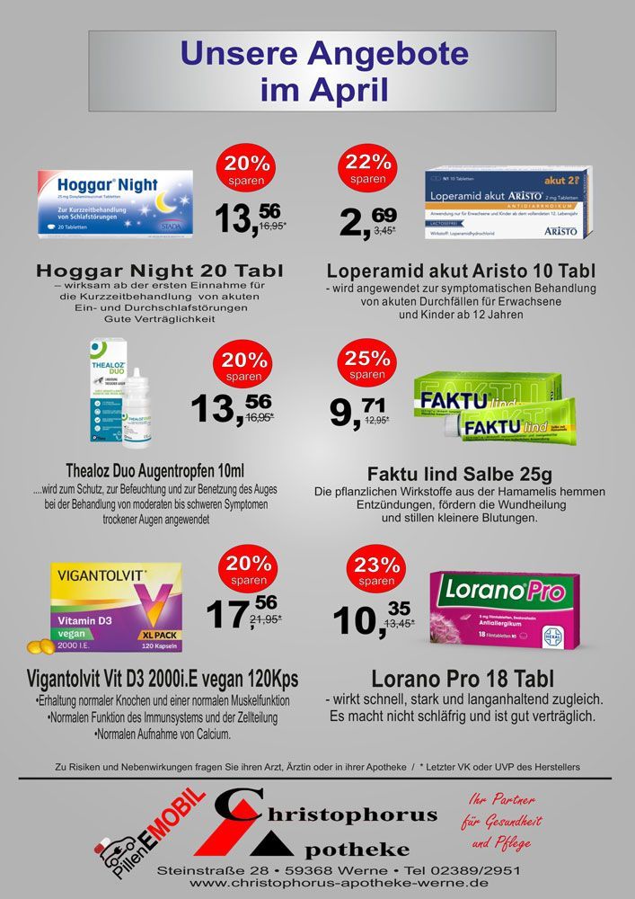 Werbung für eine Apotheke mit Sonderangeboten für Augentropfen, Hustensaft, Schmerzmittel und andere Medikamente.