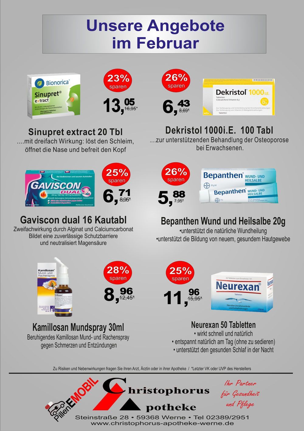 Werbung für eine Apotheke mit Sonderangeboten für Augentropfen, Hustensaft, Schmerzmittel und andere Medikamente.