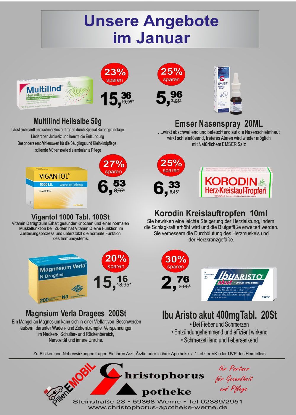 Werbung für eine Apotheke mit Sonderangeboten für Augentropfen, Hustensaft, Schmerzmittel und andere Medikamente.