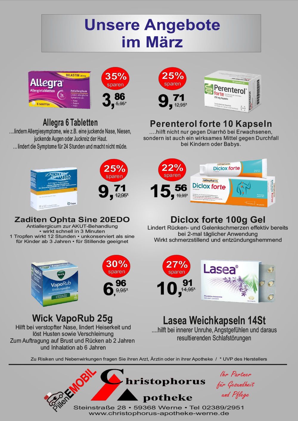 Werbung für eine Apotheke mit Sonderangeboten für Augentropfen, Hustensaft, Schmerzmittel und andere Medikamente.