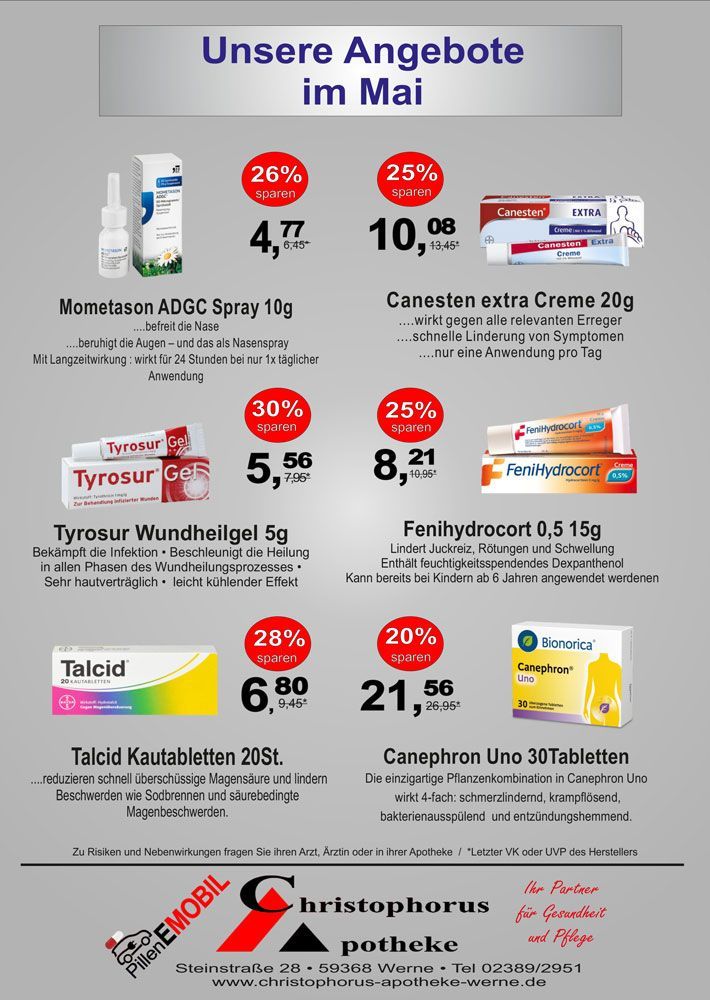 Werbung für eine Apotheke mit Sonderangeboten für Augentropfen, Hustensaft, Schmerzmittel und andere Medikamente.
