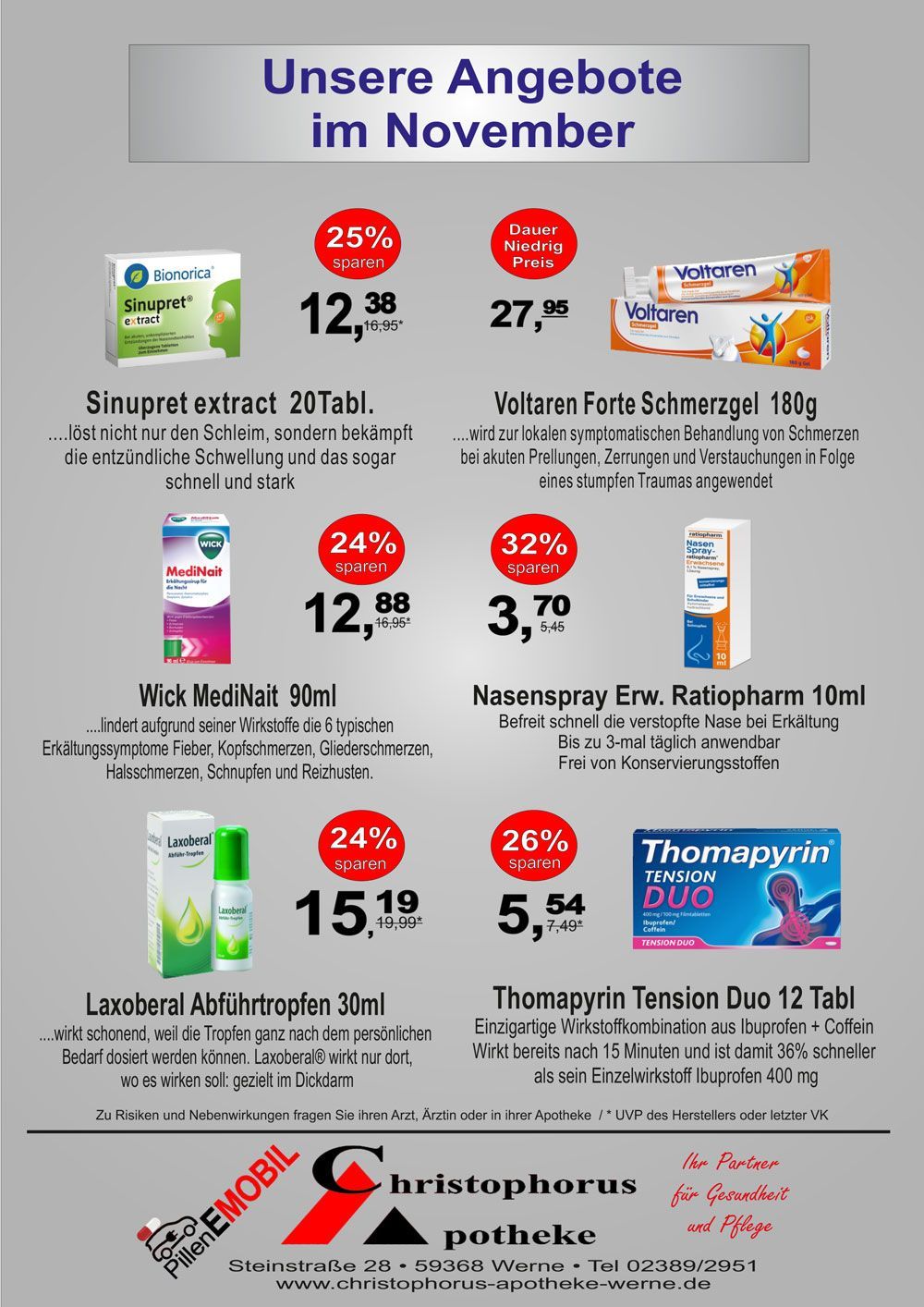 A flyer for unsere angebote im juni shows a variety of medications