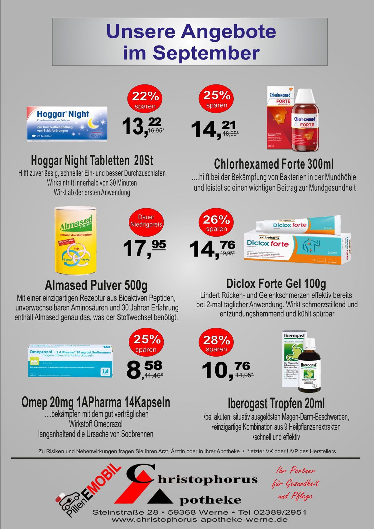 PDF herunterladen Apotheken-Werbeprospekt mit Monatsangeboten für verschiedene Medikamente und Preise