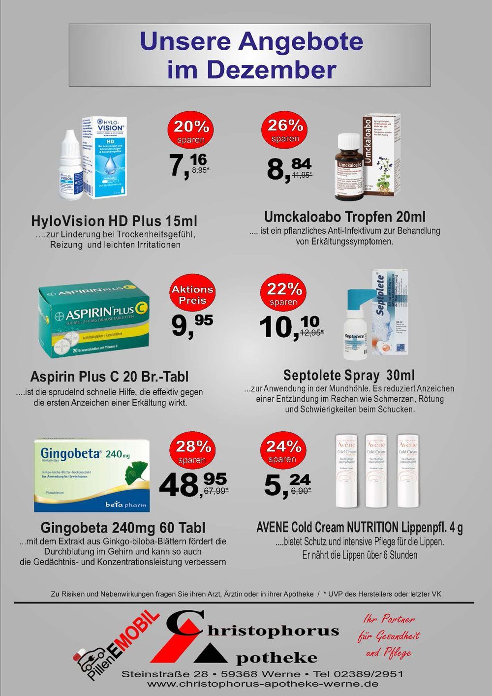 Werbung für eine Apotheke mit Sonderangeboten für Augentropfen, Hustensaft, Schmerzmittel und andere Medikamente.