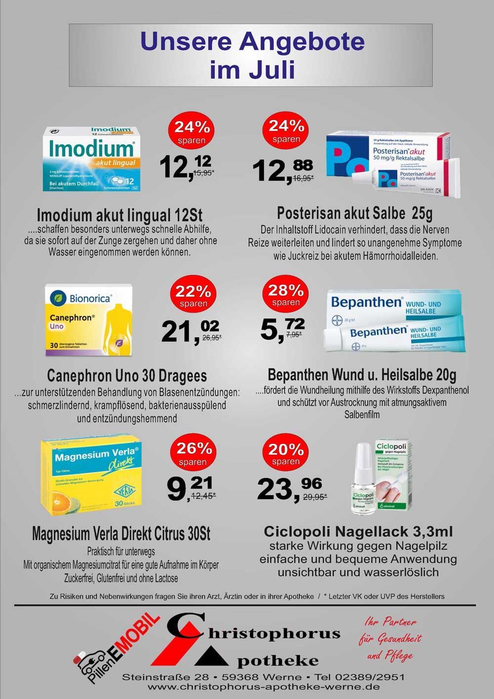Werbung für eine Apotheke mit Sonderangeboten für Augentropfen, Hustensaft, Schmerzmittel und andere Medikamente.