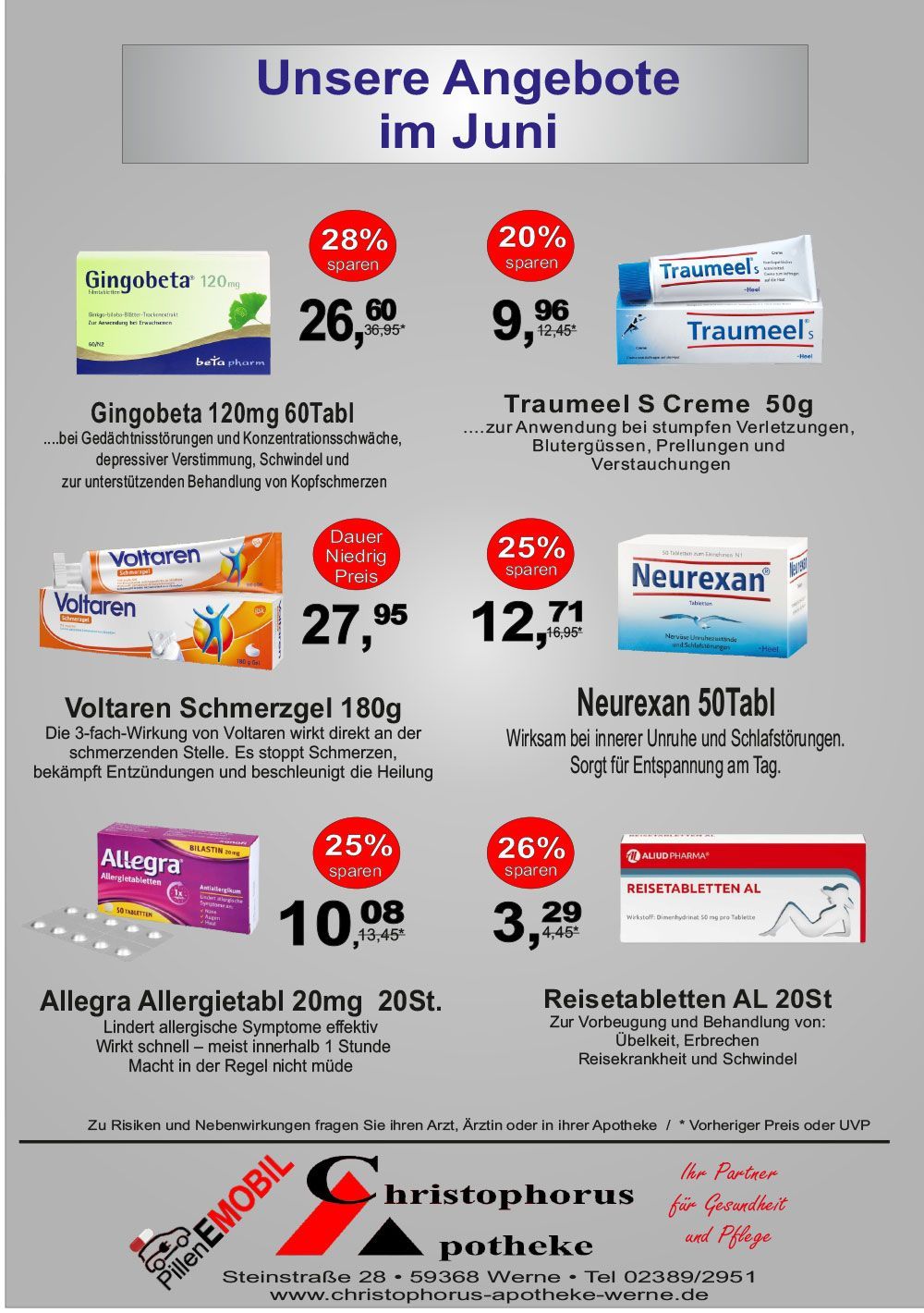 Werbung für eine Apotheke mit Sonderangeboten für Augentropfen, Hustensaft, Schmerzmittel und andere Medikamente.