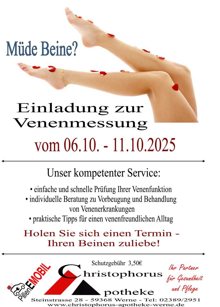 Anzeige für eine Venenmessaktion in der Christophorus Apotheke: Bietet vom 6. bis 11. Oktober 2025 Tests für müde Beine an, Beine mit Rosenblättern im Fokus.