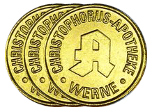 Goldfarbene, münzähnliche Marke des Apostels Christophorus mit einem stilisierten „A“ und dem Wort WERNE.