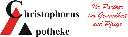 Logo der Christophorus Apotheke mit roter und schwarzer Schrift sowie einem roten Slogan auf wei&szlig;em Hintergrund