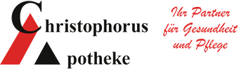 Logo der Christophorus Apotheke mit roter und schwarzer Schrift sowie einem roten Slogan auf wei&szlig;em Hintergrund