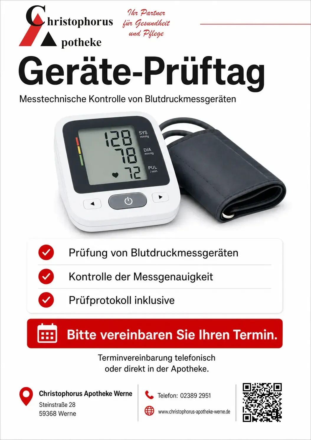 Werbeplakat für Geräteprüfungen: Blutdruckmessgerät, Kabeltester und Terminvereinbarung.