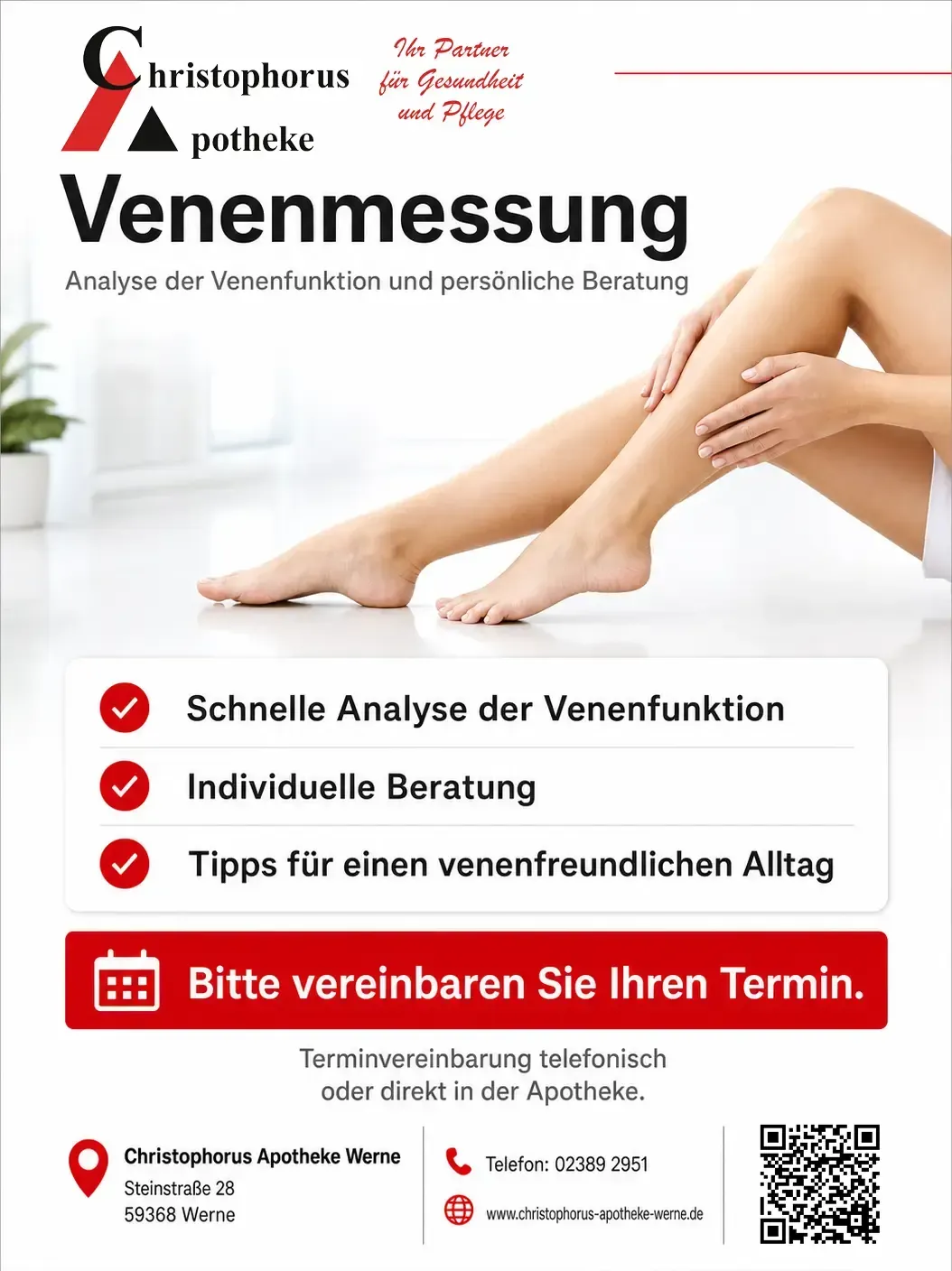 Venenmessungs-Flyer mit Beinen, roten Häkchen, Termin-Button und Klinik-Kontaktdaten