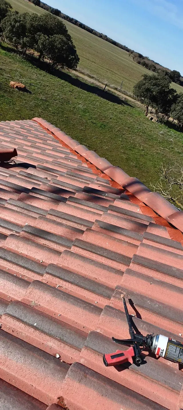 Un tejado con una herramienta encima y un campo al fondo.