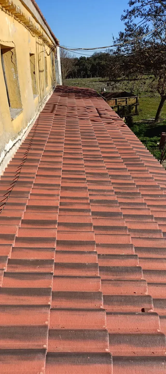 Un techo de tejas rojas con un edificio amarillo al fondo.