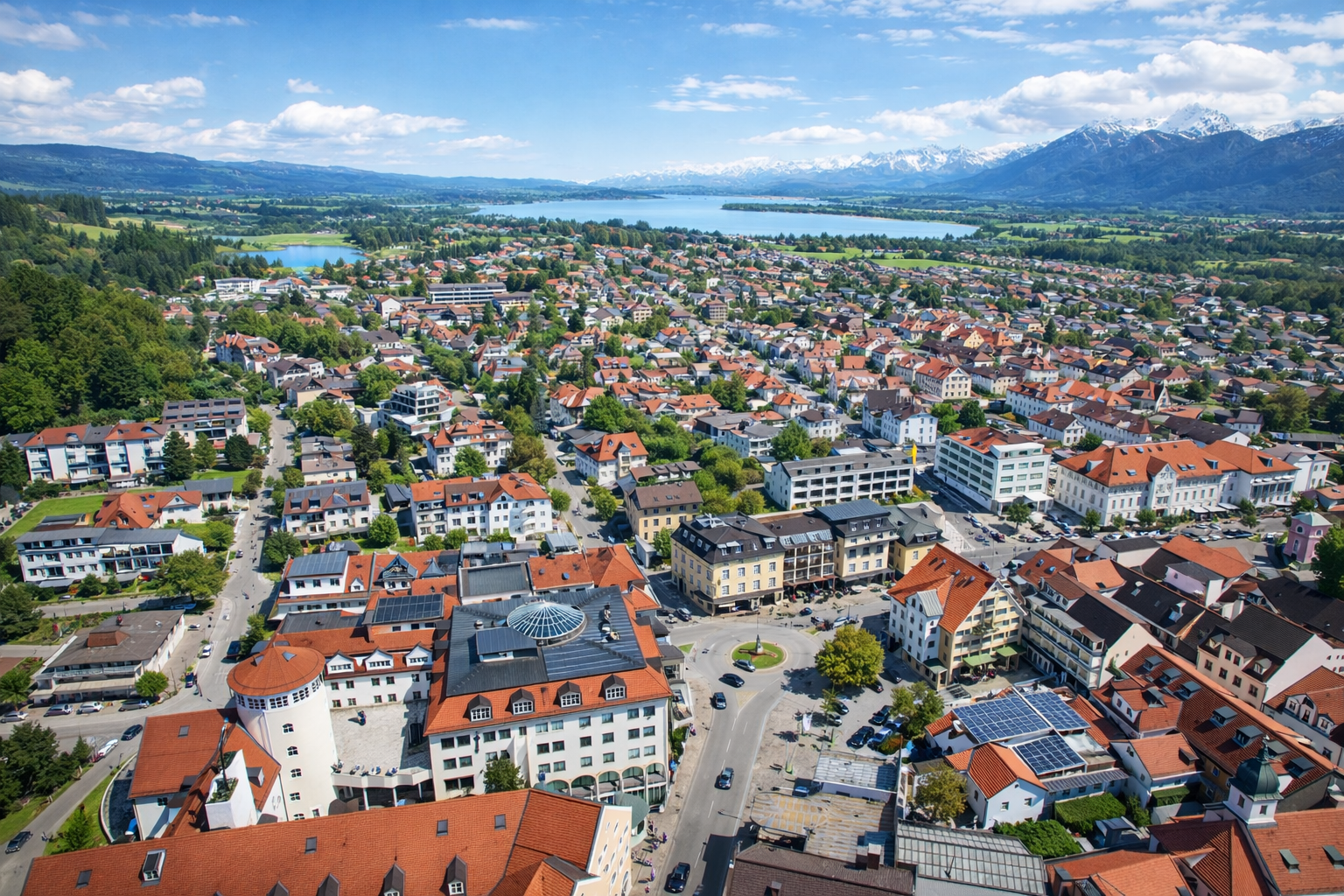 Luftaufnahme einer Stadt mit rotgedeckten Gebäuden, grünen Hügeln und einem See unter einem teilweise bewölkten Himmel